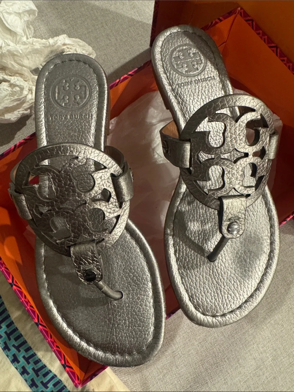Tory Burch Metallic Pewter Miller Thong Sandals